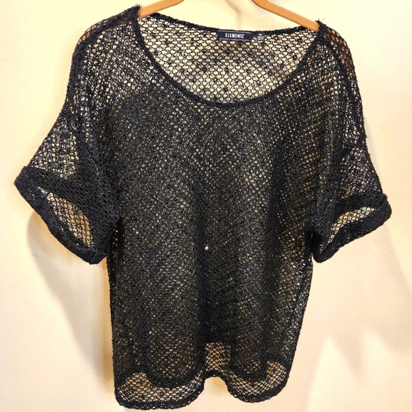 ELEMENTZ Black Crochet Sequins Short Sleeves Top size M - Picture 1 of 9